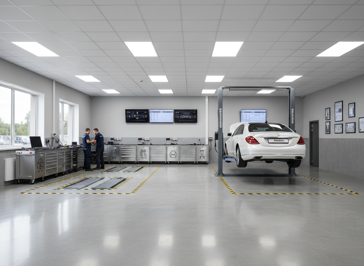A panoramic view of a meticulously maintained auto repair shop floor featuring a late-model, pearl-white sedan elevated on a hydraulic lift. The polished concrete floor gleams under cool, uniform LED panel lighting, with clearly marked work zones and organized tool chests lining the periphery. Walls are painted in soft grey tones, fostering a neutral and welcoming environment. The space exudes efficiency, clarity, and professionalism. The image is shot from a wide-angle lens at eye-level, maintaining sharp focus and balanced composition, embodying a clean, structured, and photographic corporate aesthetic that reflects reliability and transparency.