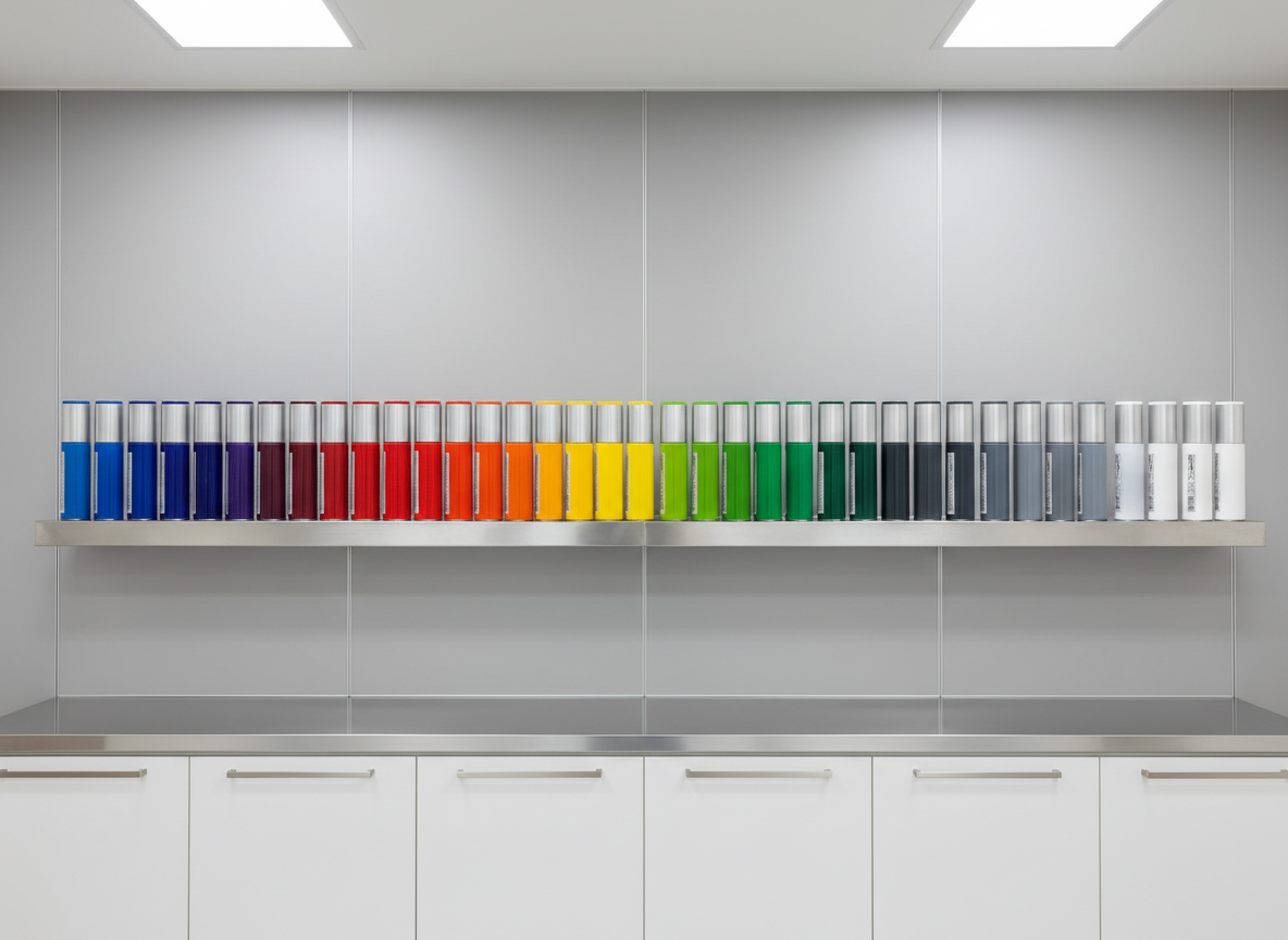 An array of high-quality automotive paint bottles in sleek, color-coded containers, neatly aligned on a stainless steel shelf in a spotless workshop mixing area. The neutral-toned background features smooth light-grey wall panels and minimalist cabinetry, underscoring cleanliness and meticulous organization. Overhead flush-mount lighting provides bright, even illumination, highlighting the bottles’ glossy finishes and casting precise linear shadows. The overall mood is orderly and disciplined, with a distinct sense of corporate professionalism. Captured from a straight-on, eye-level perspective using a rule of thirds composition, with photographic realism and a structured, modern visual language.