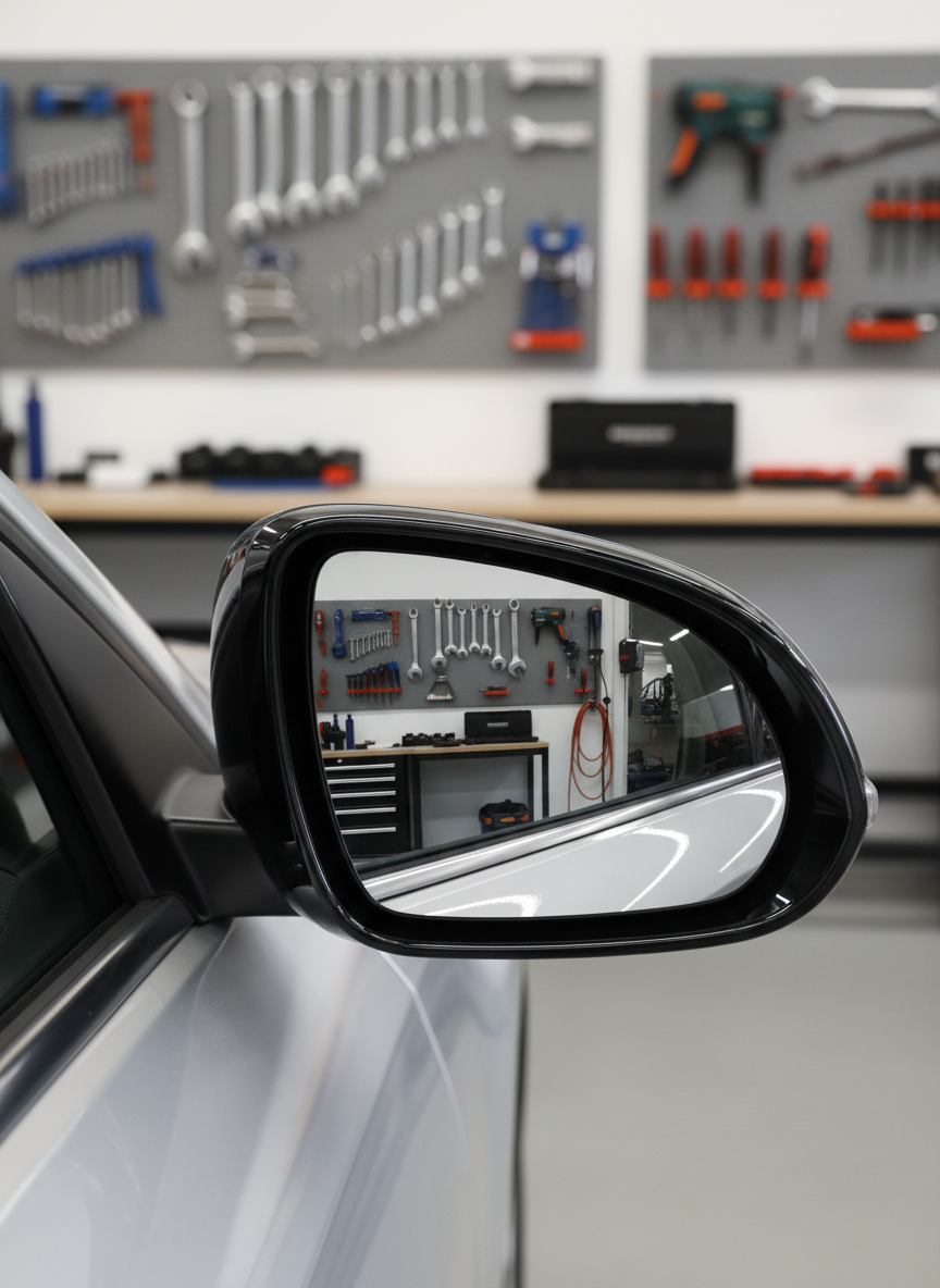 A close-up of a glossy, freshly installed rearview side mirror in jet-black, showing the mirror’s surface with precise reflections of the organized workshop in the glass. The edge of a silver car door provides contrast, and the slightly blurred background features clean, neutral-colored wall panels and tidy tool racks. Bright, soft studio lighting enhances the mirror’s finish, creating subtle highlights without distracting glare. The mood is professional and reassuring, with a sense of detail-oriented craftsmanship. The composition uses a diagonal framing for visual dynamism, rendered in a modern, photographic style that highlights both product quality and corporate service standards.
