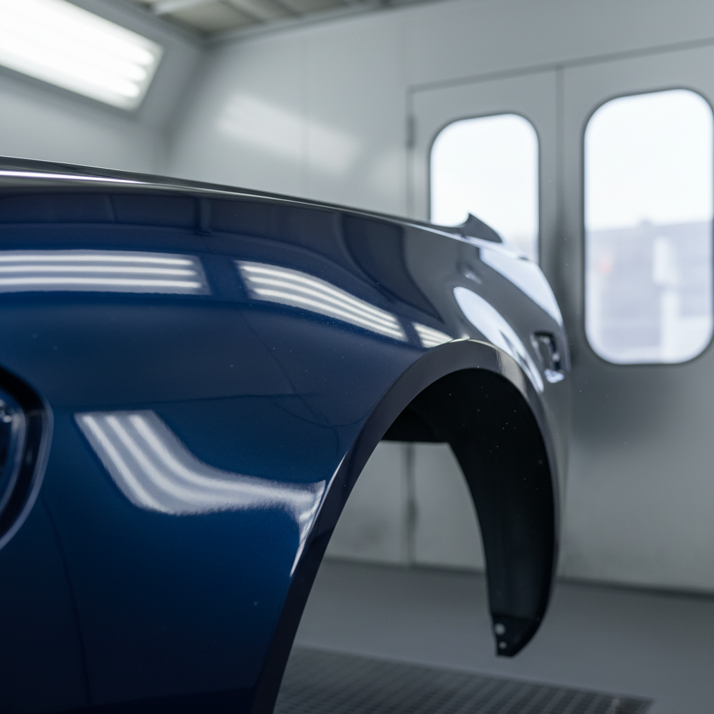 A close-up of a deep navy-blue automotive fender freshly refinished with an ultra-smooth, high-gloss surface. The fender is mounted securely within a spray booth, with clear glass panels and neutral-toned walls creating a structured and professional environment. Diffused cool daylight streams through the glass, creating even highlights along the curves and edges, with gentle shadows under the contours. The mood is composed, clean, and professional, emphasizing quality and care. Photographed from a low, close-up angle with shallow depth of field, the composition draws the eye to minute surface details. The overall style is crisp, realistic, and fit for a corporate auto repair context.